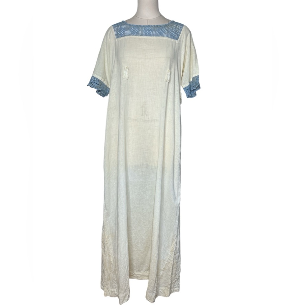 Antique Edwardian cotton crochet knit maxi dress white blue size medium